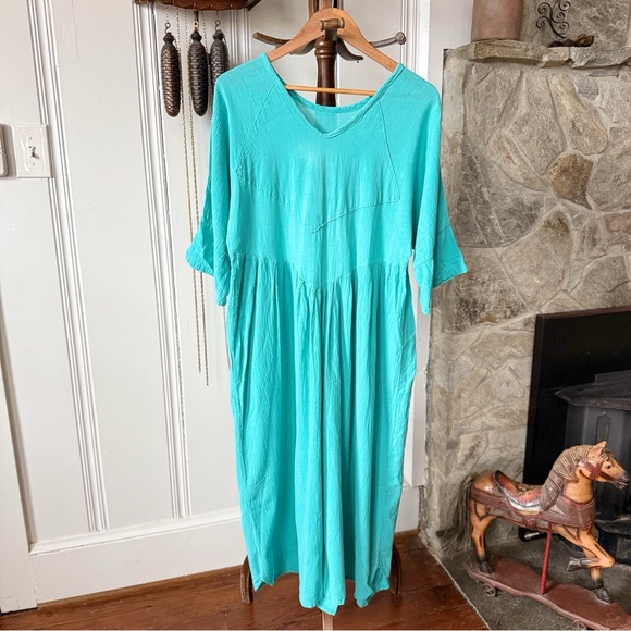 Vintage Dresses & Skirts - Vintage Turquoise Cotton Princess Cut Summer Midi Dress